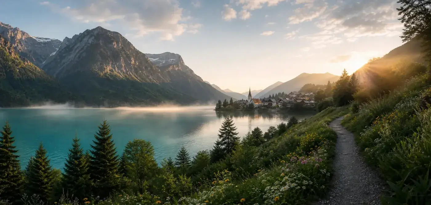 Avelora lake and mountain village at sunrise